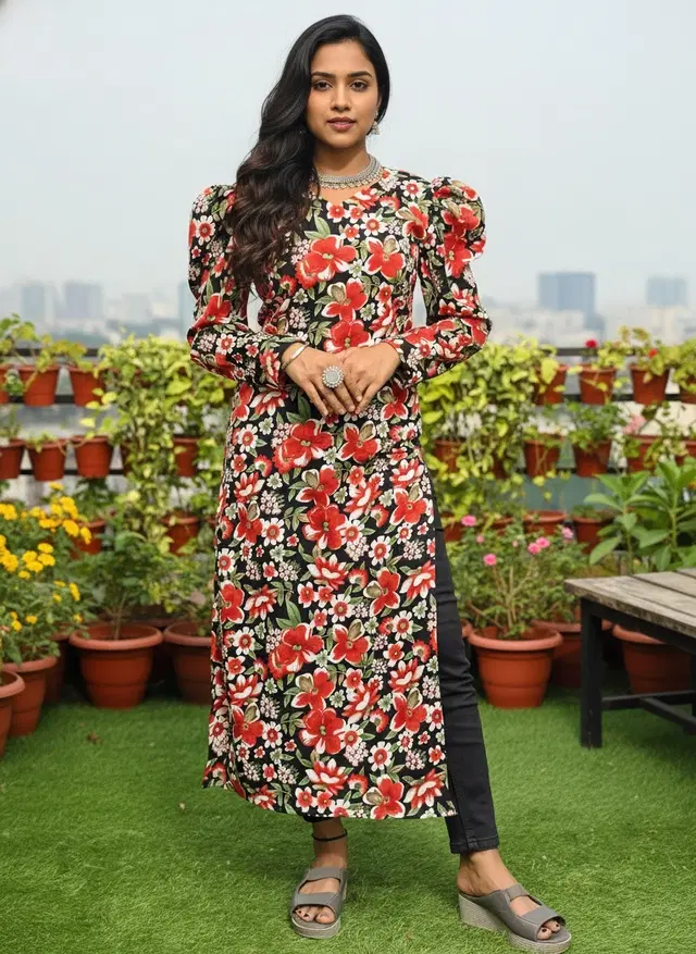 Floral Print Kurti for Women (Black, XS)