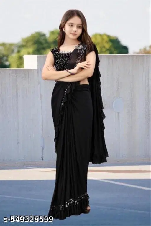 Lycra Saree for Girls, Black (6-7 Years)