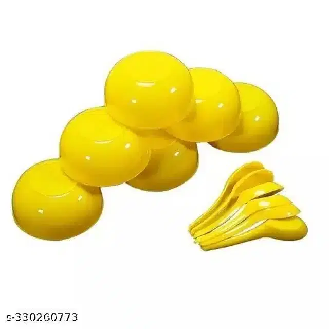 Plastic 6 Pcs Bowls, 250 ml with 6 Pcs Spoons, Yellow, Set of 2
