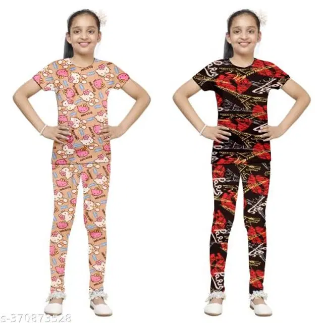 Polycotton Nightsuit for Girls, Pack of 2 (Peach & Black, 3-4 Years)