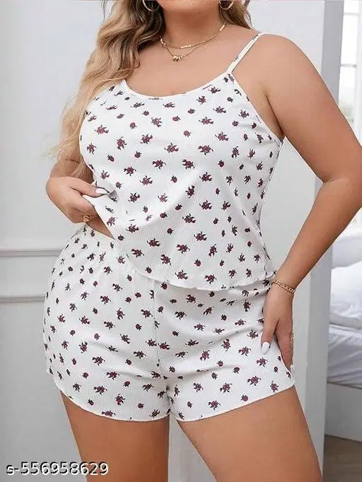 Cotton Blend Printed Night Suit for Women, White (L)