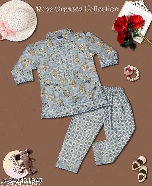 Cotton Blend Kurta Set for Girls (Grey, 12-18 Months)