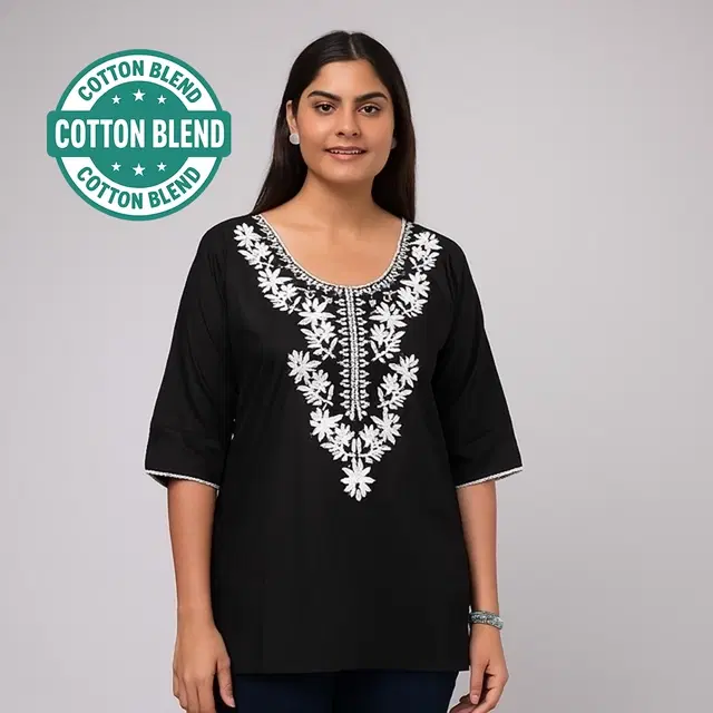 Cotton Embroidered Short Kurti for Women, Black (S)