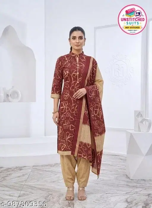 SIMPLYETHNIC Red Cotton Blend Printed Salwar Suit Set for Women (Beige, L)