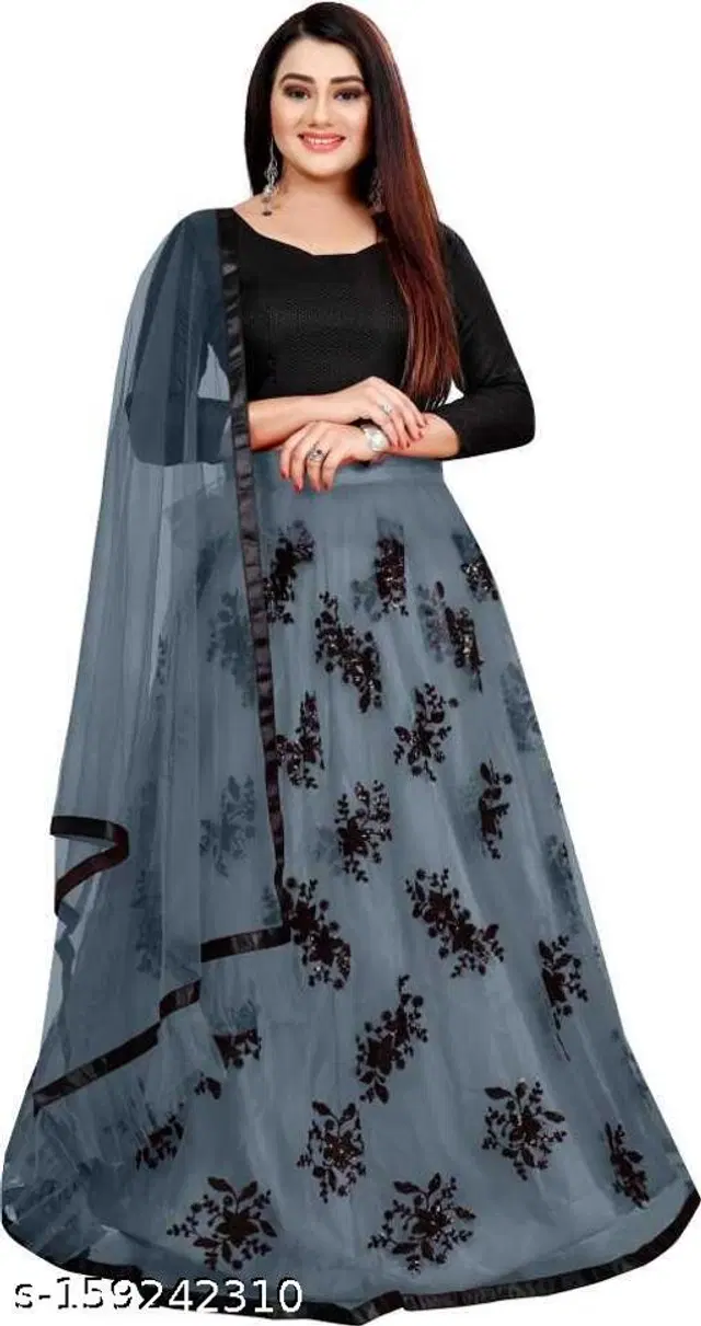 Net Lehenga with Choli & Dupatta for Women (Grey & Blackfor)