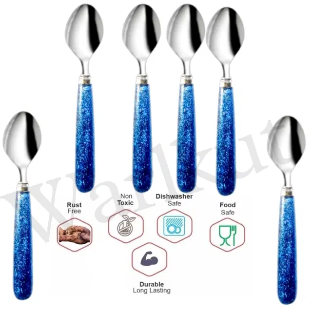 Stainless Steel Spoons, Blue & Silver, Pack of 6