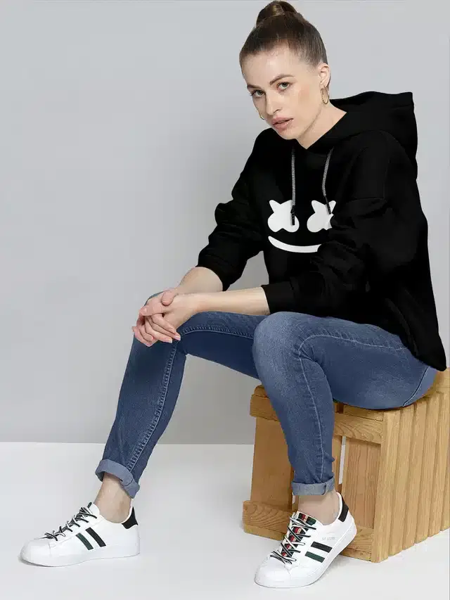 Full Sleeves Printed Hoodie for Women (Black, M)