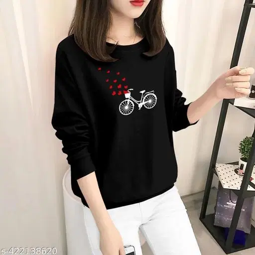 Cotton Blend Printed Sweatshirt for Women (Black, XS)