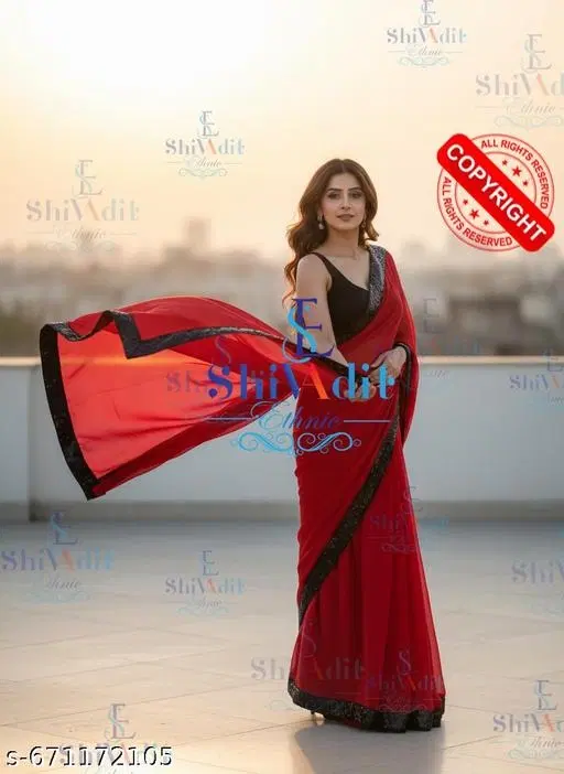 Chiffon Solid Saree For Women, Maroon
