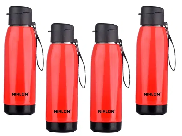 Nirlon Electro Pu Insulated Stainless Steel Inner Side Set Of 4, 750Ml, Break Proof, Leak Proof, Hot & Cold Water Bottle For Home| School | Office | Gym | Hiking | Travel Bottle (Red)