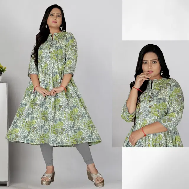 Cotton Silk Printed Kurti for Women, Mint Green (L)