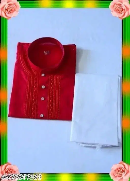 Cotton Blend Solid Kurta Set for Men, Red & White (M)