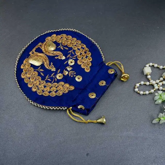 Cotton Silk Ethnic & Traditional Handheld Potli for Women, Navy Blue, A-54