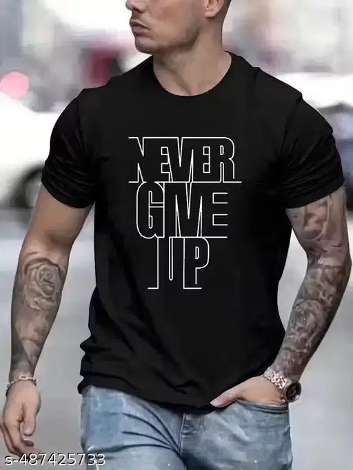Round Neck Solid T-shirts for Men ( Black,M)