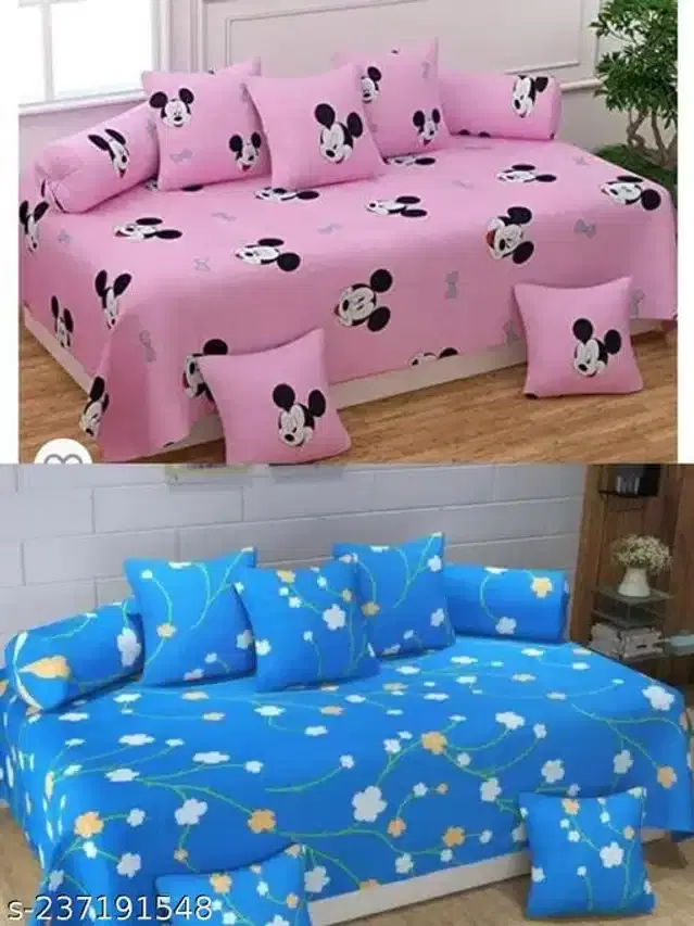 Polycotton Diwan Cover Set, Pink & Sky Blue, Combo of 2