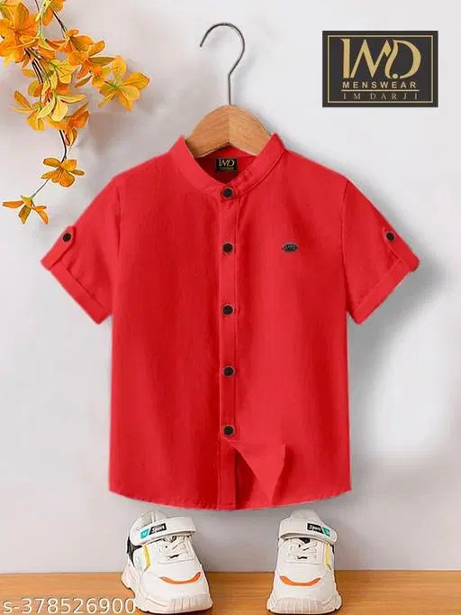 Solid Cotton Blend Mandarin Neck T-Shirt for Boys (Red, 12-13 Years)
