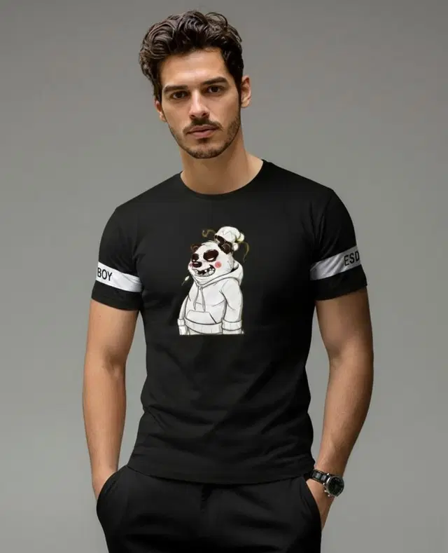 Polyester Printed T-shirt for Men, Black (L)
