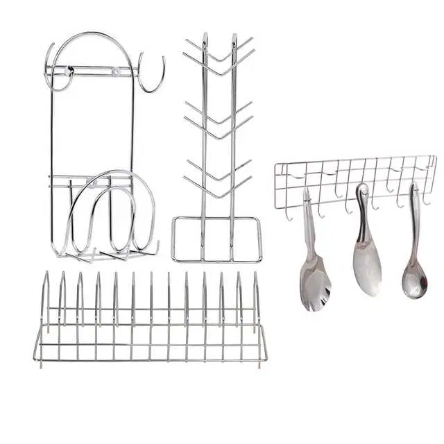 Stainless Steel Cup Stand & Plate Stand & Chakla Belan Stand With Hook & Hook Rail For Kitchen, Set of 4, OC-021