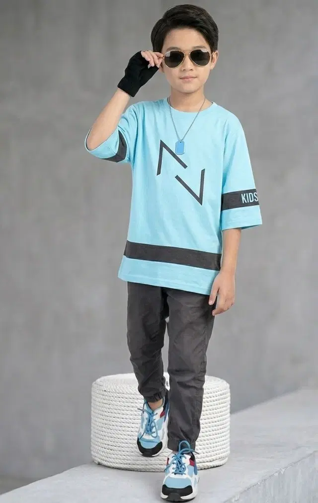 Cotton Blend Printed T-shirt for Boys, Sky Blue (12-13 Years)