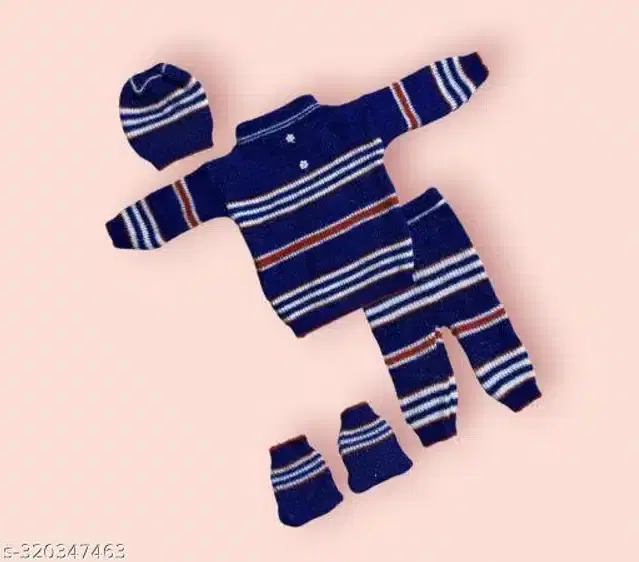 Woolen Striped Sweater with Pyjama & Cap with Socks for Kids (Navy Blue, 0-6 Months)