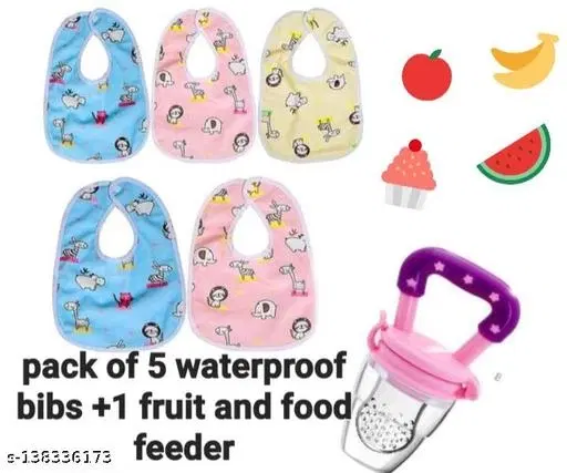 Baby Bibs And Fruit-Food Feeder Combo Pack Of 5+1