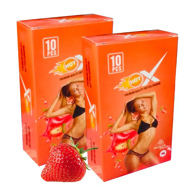 HotX Strawberry Flavoured 10 Pcs Dotted Condoms for Men, Pack of 2
