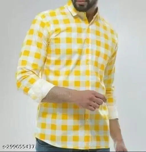 Cotton Blend Checked Shirt for Men, Yellow (XL)