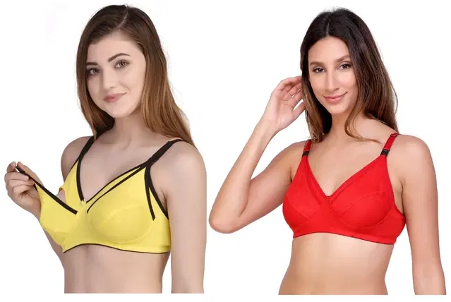 Cotton Blend Solid Non Padded Feeding Bras for Women, Pack of 2 (Multicolor, 32)