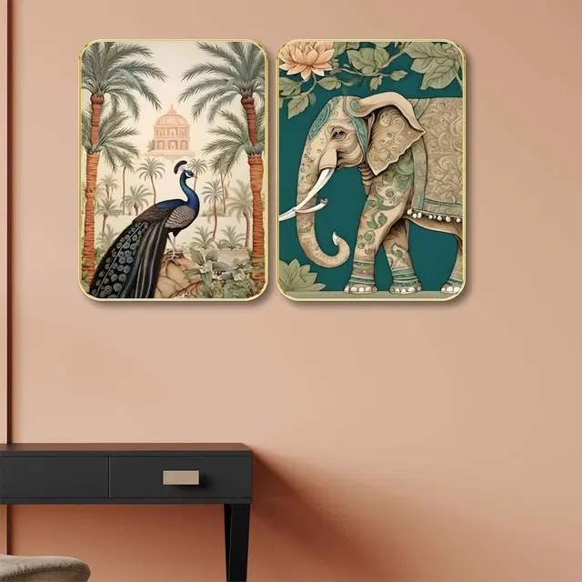 Kc Arts Uv Coated Peacock & Elephant Wall Hanging 12X18in Pack Of 2