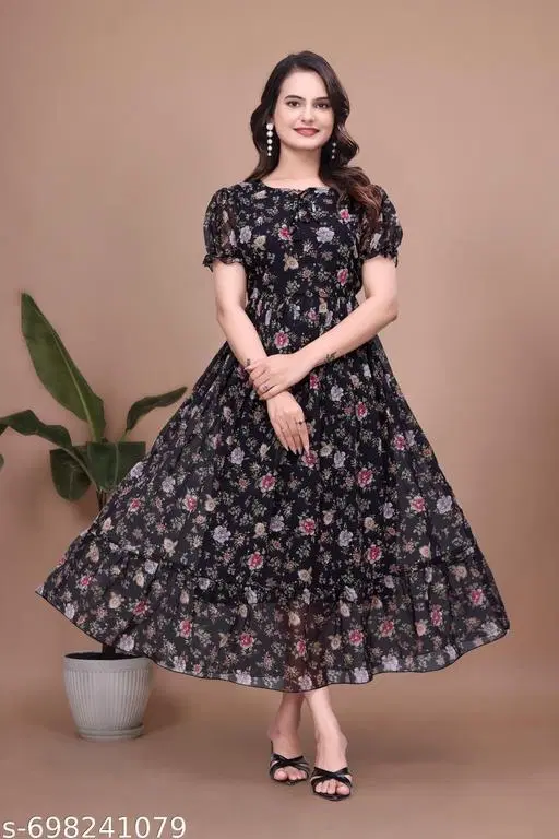 Maxi Floral Printed One Piece Dress (Black, S)