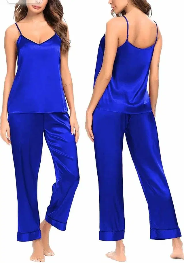 Satin Solid Nightsuit Set for Women (Royal Blue, Free Size)