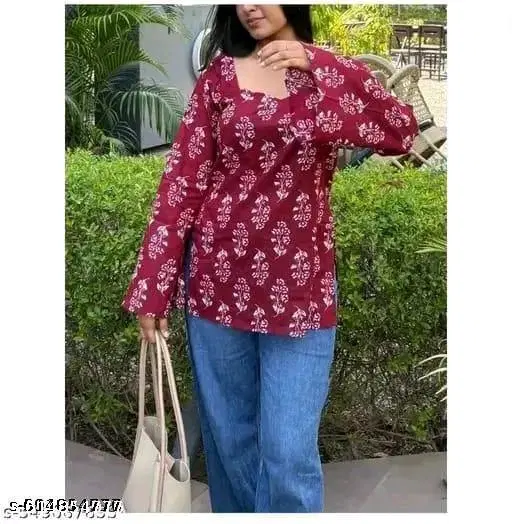 Rayon Printed Short Kurti for Women, Maroon (XS)