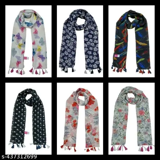 Poly Chiffon Printed Scarves for Women, Pack of 6 (Multicolor, 1.75 m)
