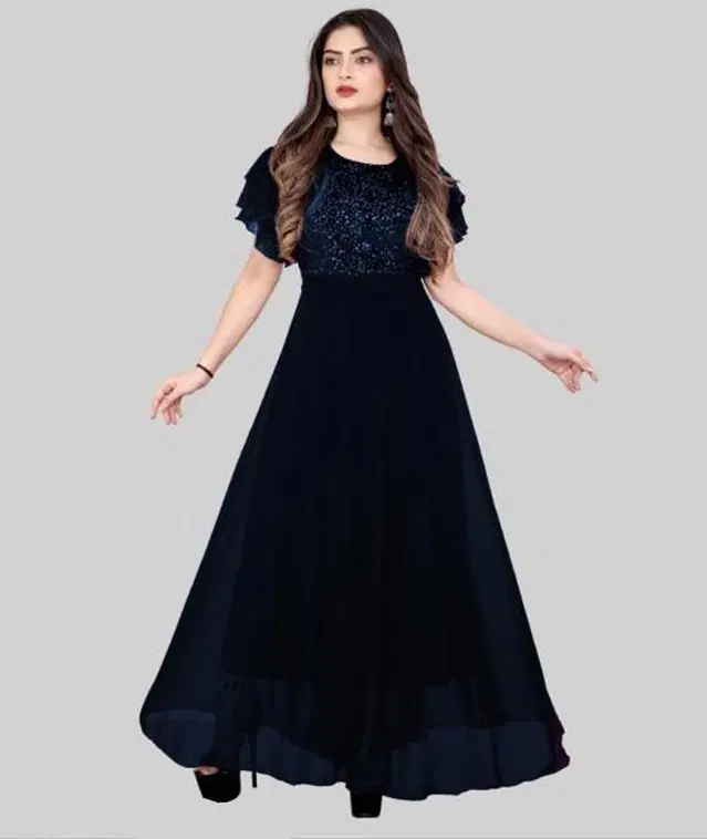 Georgette Embellished Gown for Women (Navy Blue, L)