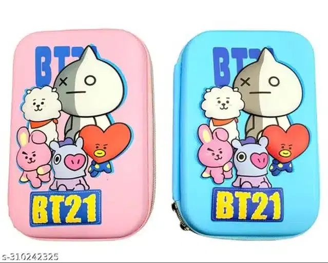 Cartoon Theme Pencil Case for Kids, Pink & Blue, Pack of 2
