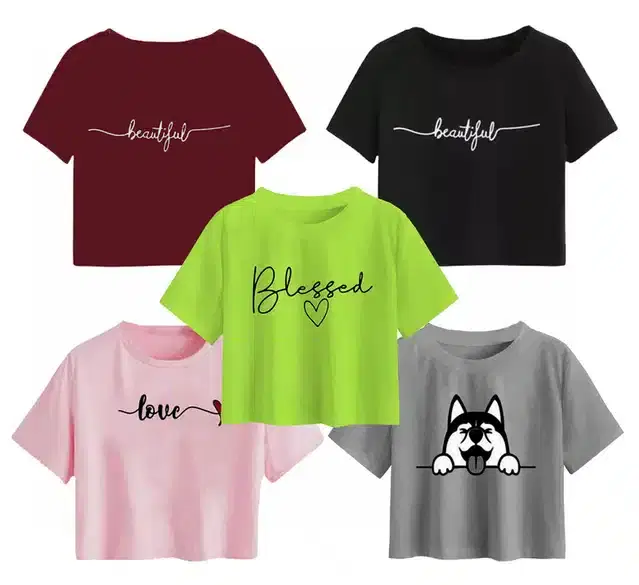 Cotton Printed Crop Tops for Girls, Pack of 5 (Multicolor, 14-15 Years)