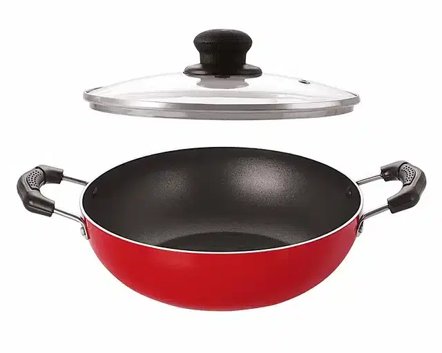 Aluminium Nonstick Kadhai with Glass Lid, Red, Set of 1