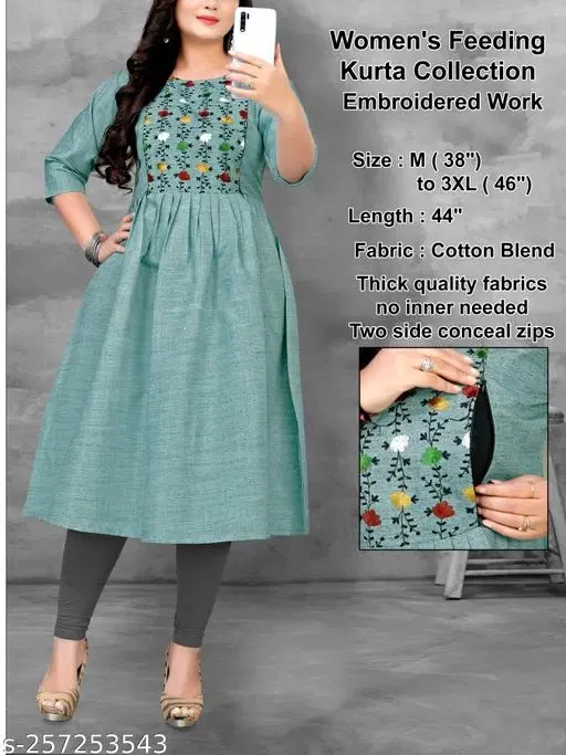 Floral Embroidered Maternity Kurti Set (Green, M)