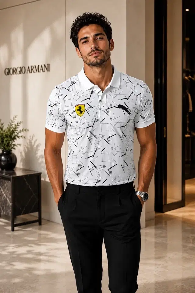 Casual Wear Printed Polo Neck Polycotton T-Shirt, White (M)