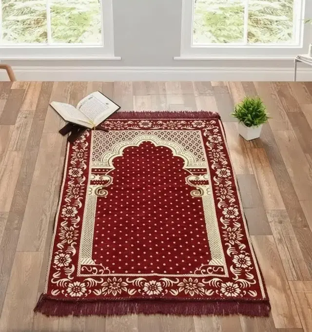 Furnishing Hut Velvet Handcrafted Islamic Janamaz Prayer Mat Maroon 27x50in