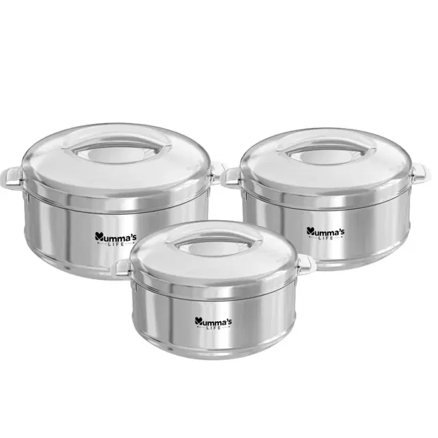 Mumma's LIFE Racer Double Walled Stainless Steel Casserole | Stainless Steel Hot Box for Kitchen | Hot & Cold | Hygiene | Odourless Set of 3 (2000+3000+4000ML)