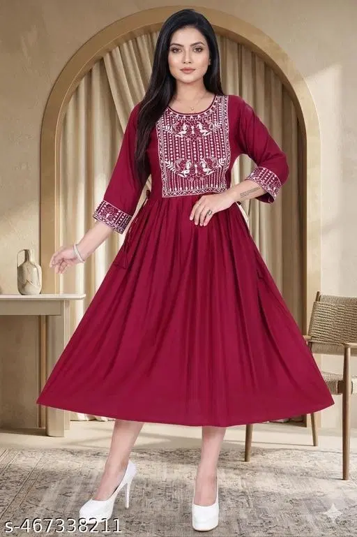 Embroidery Cotton Rayon Kurti for Women (Multicolor, XS)