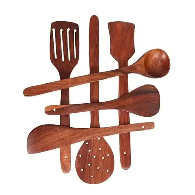 Wooden Cooking & Serving Spoons, Brown, Set of 6