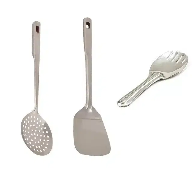 Combo of Stainless Steel Cooking & Serving Spoon Set, Pack of 3, Silver