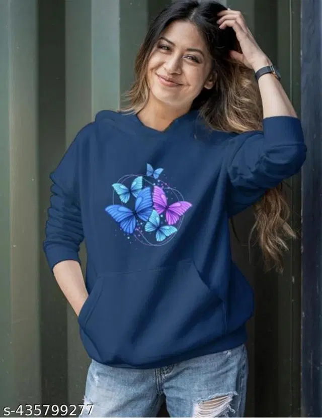 Fleece Printed Sweatshirt for Women (Navy Blue, S)