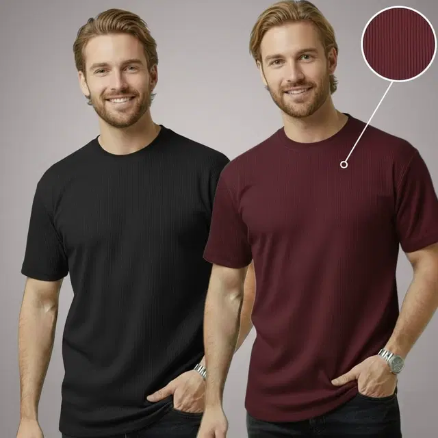 Polyester Round Neck T-shirt for Men, Multicolour, Pack of 2 (M)