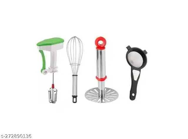 Combo of Hand Blender, Whisk, Masher & Tea Strainer, Multicolor, Set of 4