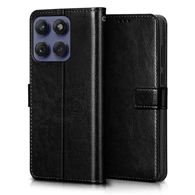 Artificial Leather Flip Cover For Realme C73 5G, Black