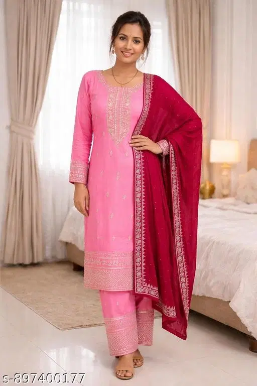 Cotton Silk Suit for Women (Red, S)