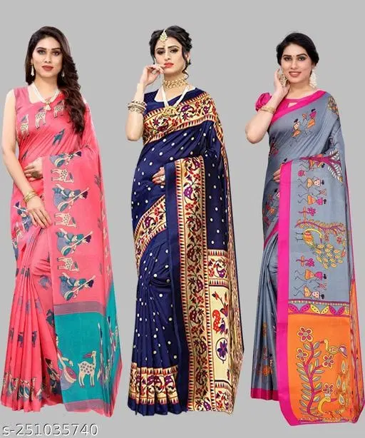 Art Silk Saree for Women, Pack of 3 (Blue, Free Size)